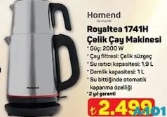HOMEND ROYALTEA 1741H ÇELİK ÇAY MAKİNESİ